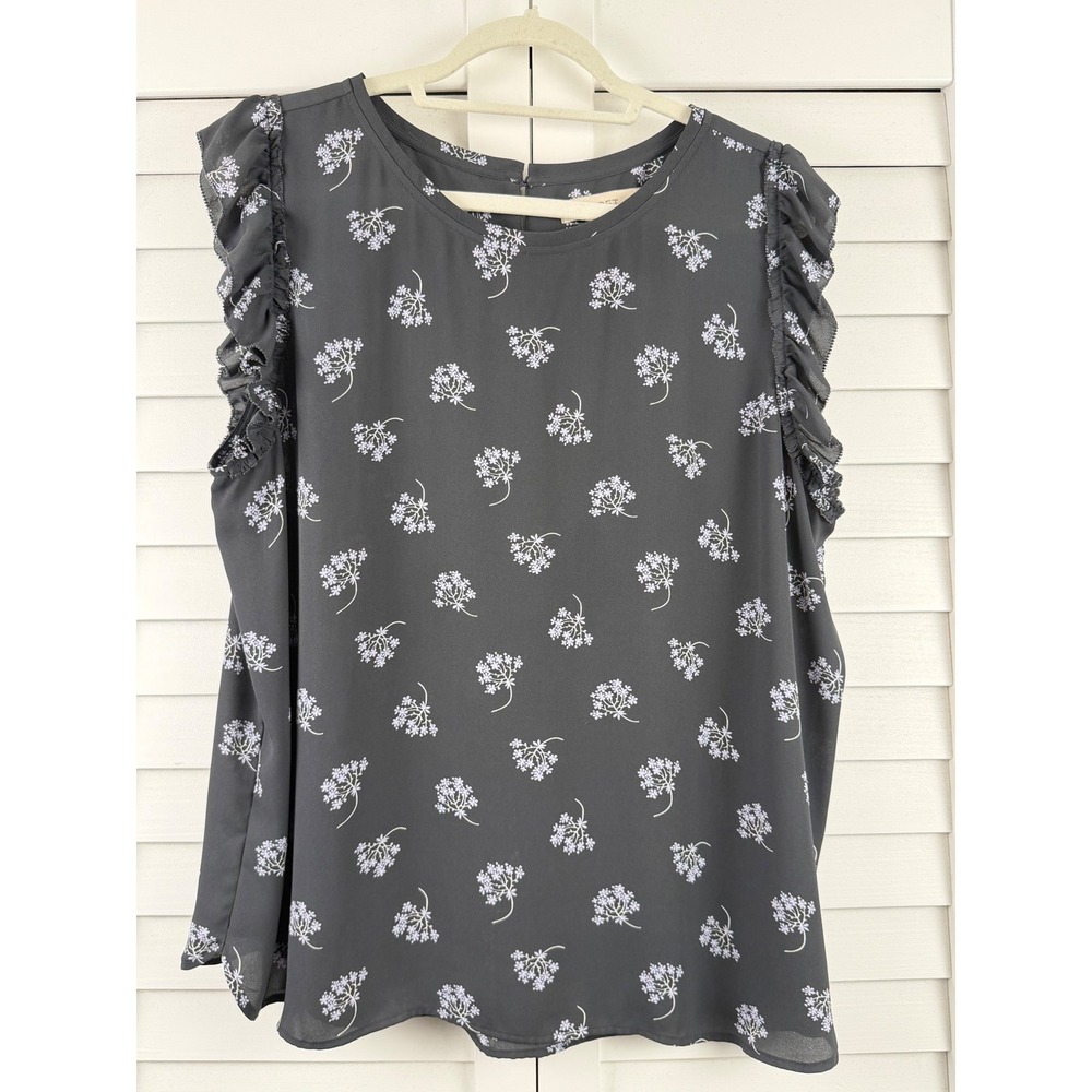 Loft Ruffle Floral Blouse Women‎ XXL Black Sleeveless Shell Top
